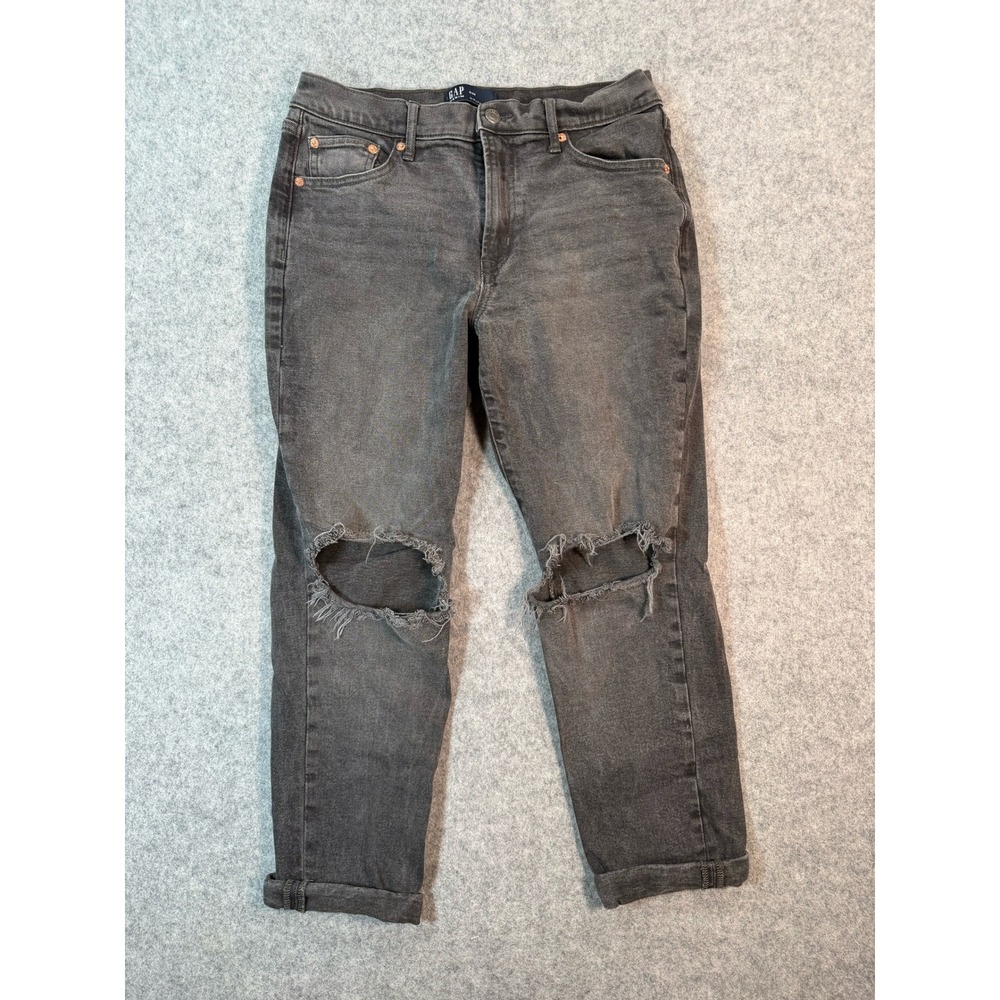 Gap Denim Girlfriend Jeans Womens 6/28 Black Distressed Knee Blowout Mid Rise